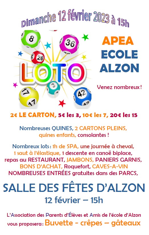 LOTO ÉCOLE ALZON 12 février 2023 salle des fêtes